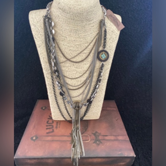 LUCKY BRAND Buckle Multi Metal Layered Steam Punk Removable Chain NECKLACE - Picture 1 of 5